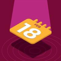 February 18th - Yellow 3D calendar floating with spotlight vector