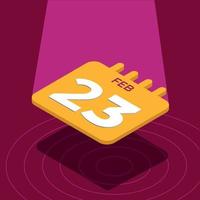 February 23th - Yellow 3D calendar floating with spotlight vector