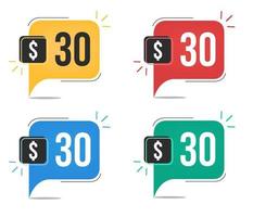 30 dollar price. Yellow, red, blue and green currency tags. Balloon concept with thirty dollars for sales. vector