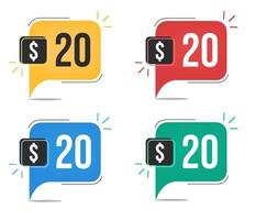 20 dollar price. Yellow, red, blue and green currency tags. Balloon concept with twenty dollars for sales. vector
