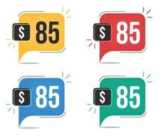 85 dollar price. Yellow, red, blue and green currency tags. Balloon concept with eighty-five dollars sales tag. vector