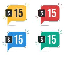 15 dollar price. Yellow, red, blue and green currency tags. Balloon concept with fifteen dollars for sales. vector