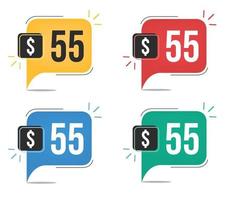 55 dollar price. Yellow, red, blue and green currency tags. Balloon concept with fifty-five dollars sales tag. vector