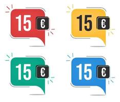 Precio 15 euros. etiquetas de moneda amarillas, rojas, azules y verdes. concepto de globo con quince euros por ventas. vector