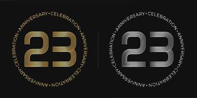 23 cumpleaños. banner de celebración de aniversario de veintitrés años en colores dorado y plateado. logo circular con diseño de números originales en líneas elegantes. vector