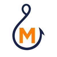 logotipo de pesca en el signo de la letra m, plantilla de logotipo de anzuelo de pesca vector