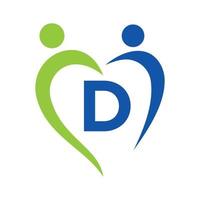 Community Care Logo On Letter D Vector Template. Teamwork, Heart, People, Family Care, Love Logos. Charity Foundation Creative Charity Donation Sign