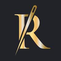 Initial Letter R Tailor Logo, Needle and Thread Combination for Embroider, Textile, Fashion, Cloth, Fabric, Golden Color Template vector