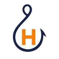 logotipo de pesca en el signo de la letra h, plantilla de logotipo de anzuelo de pesca vector