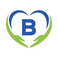 logotipo de cuidado de manos en la letra b. logotipo de caridad, atención médica, fundación con símbolo de mano vector