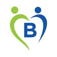 Community Care Logo On Letter B Vector Template. Teamwork, Heart, People, Family Care, Love Logos. Charity Foundation Creative Charity Donation Sign