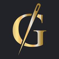 logotipo inicial de la letra g sastre, combinación de aguja e hilo para bordar, textil, moda, tela, tela, plantilla de color dorado vector