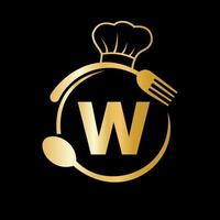logotipo del restaurante en la letra w con sombrero de chef, símbolo de cuchara y tenedor para letrero de cocina, icono de café, restaurante, vector de negocio de cocina