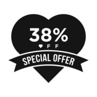 38 por ciento de descuento en banner de promoción de descuento de venta. oferta especial, evento, venta del día de San Valentín, plantilla de vector de etiqueta de descuento de vacaciones