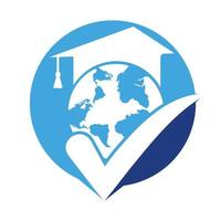 Education world vector logo template with globe and student hat symbol.