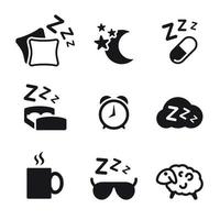 conjunto de iconos para dormir. Negro sobre un fondo blanco vector