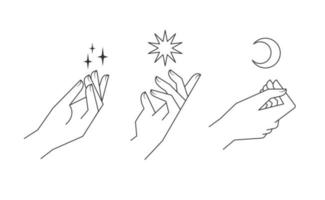 Aesthetic hands vector linear illustrations. Stylized elegant hand drawings with different gestures.