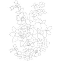 páginas para colorear florales, artes de línea de flores, patrones florales de línea de arte de silueta, dibujo de flores en blanco y negro de contorno, gráficos botánicos de contorno, diseño floral sobre fondo blanco, diseño floral básico vector