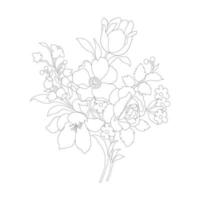 páginas para colorear florales, artes de línea de flores, patrones florales de línea de arte de silueta, dibujo de flores en blanco y negro de contorno, gráficos botánicos de contorno, diseño floral sobre fondo blanco, diseño floral básico vector