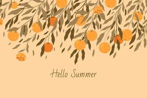 Banner with oranges branches and the inscription hello summer. Vector graphics.