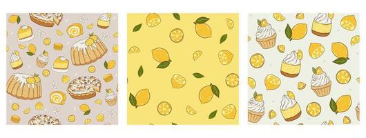 Set of patterns with lemons and desserts. Vector graphics.