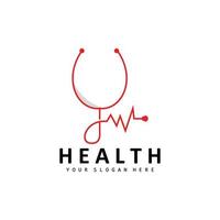 Healthcare Logo, Nursing And Wellness Design, Stethoscope Icon And Simple Line Vector Wave