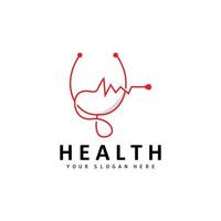 Healthcare Logo, Nursing And Wellness Design, Stethoscope Icon And Simple Line Vector Wave