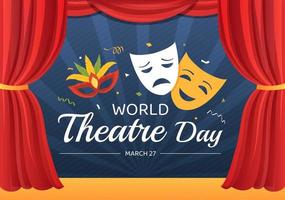 día mundial del teatro el 27 de marzo ilustración con máscaras y para celebrar el teatro para banner web o página de inicio en plantillas planas dibujadas a mano de dibujos animados vector