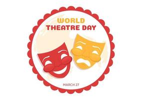 día mundial del teatro el 27 de marzo ilustración con máscaras y para celebrar el teatro para banner web o página de inicio en plantillas planas dibujadas a mano de dibujos animados vector