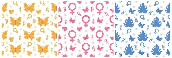 Set of Women Day Seamless Pattern Design with Girl Ornament in Template Hand Drawn Cartoon Flat Illustration vector