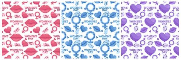 Set of Women Day Seamless Pattern Design with Girl Ornament in Template Hand Drawn Cartoon Flat Illustration vector