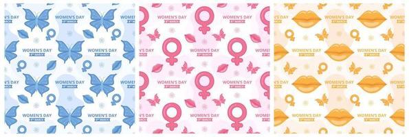 Set of Women Day Seamless Pattern Design with Girl Ornament in Template Hand Drawn Cartoon Flat Illustration vector