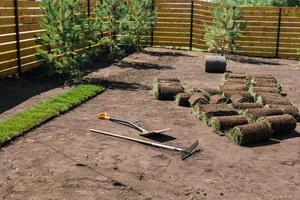 Rolls of lawn grass on sunny day - country house and landscape design photo