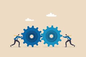 Teamwork and cooperation in a business setting, idea that working together can lead to success, collaboration or synergy concept, businessman push gear cogwheels together leading to success. vector