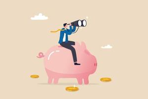 Financial future, discover investment opportunity, mutual fund or stock market pension fund, wealth management or savings concept, businessman riding piggybank look through binoculars to see future. vector