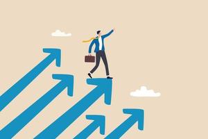 Company success moving forward, challenge or growth to progress, ambition or motivation for improvement concept, confidence businessman standing on growing arrows pointing up in the sky next target. vector