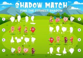 Shadow matching game, cartoon funny human organs vector