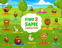 Find two same cartoon nuts, yoga fitness quiz game vector