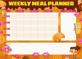 Weekly meal planner, cartoon bakery characters vector