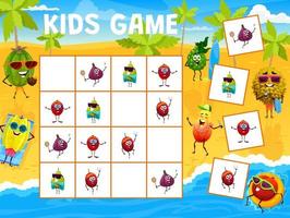 Sudoku kids game, cartoon fruits on summer beach