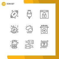 Mobile Interface Outline Set of 9 Pictograms of rain tea browser love password Editable Vector Design Elements