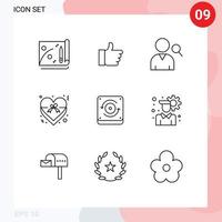 9 User Interface Outline Pack of modern Signs and Symbols of account speaker search computing love Editable Vector Design Elements