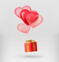 Gift box with red and pink heart air ballons. 3d vector illustration