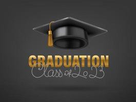 Class of 2023 concept with graruation cap and lettering inscription. 3d vector icon isolated on white background