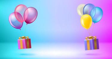 Gift box with yellow and blue air ballons. 3d vector banner with holographic background and copy space