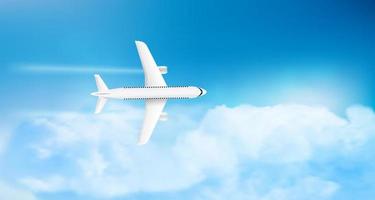 Flying modern airplane top view flying in cloudy sky. Air travel concept. 3d vector illustration