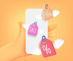 Get discounts in internet shop via mobile app. 3d vector concept