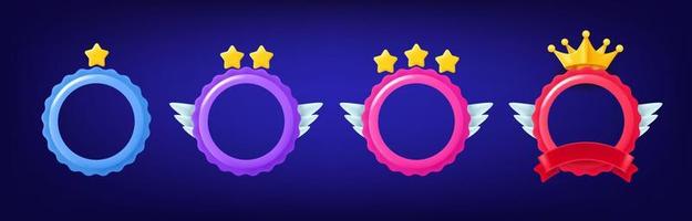 Different rank emblems with empty circle frames. Game achievement badges collection. 3d vector clipart