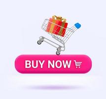 Buy now concept with button and shopping trolley. 3d vector illustration