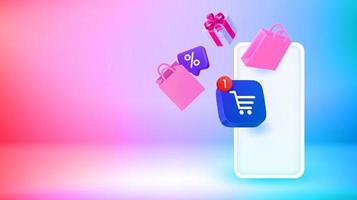 Internet Shopping via modern smartphone. Vector 3d banner with copy space